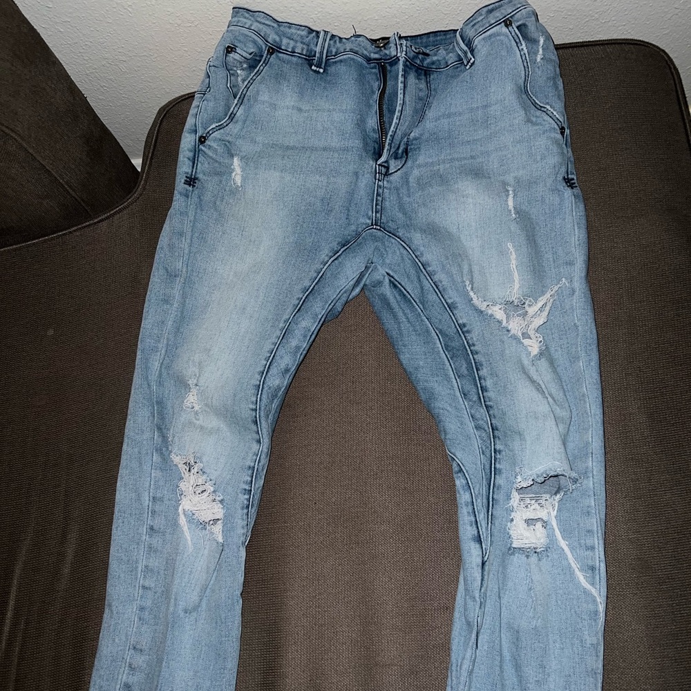 ZGY Denim Mens Light Wash Ripped Jeans Low Crotch Slim Taper